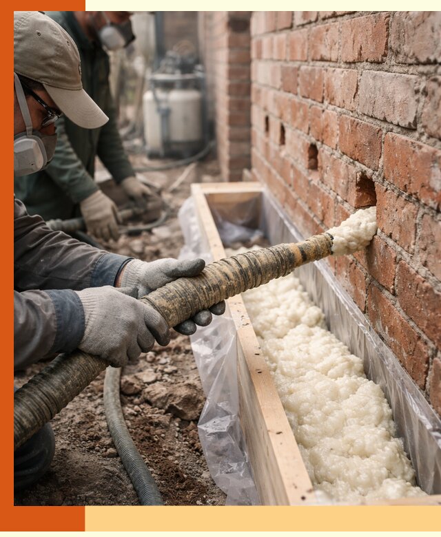 Заливка ППУ в пустоты кирпичной стены в Воркуте