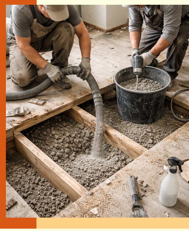 Заполнение пустот пола в Воркуте полиуретаном и пенополистиролом